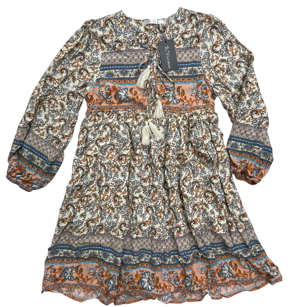 R.Vivimos Boho Floral Paisley Mini Dress Orange Blue Tassel XS‎ New Model 157
